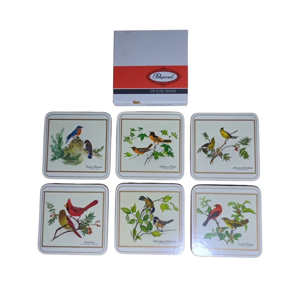 Vintage Pimpernel 4" x 4" Coasters Set of 6 American Songbirds Cork Backed